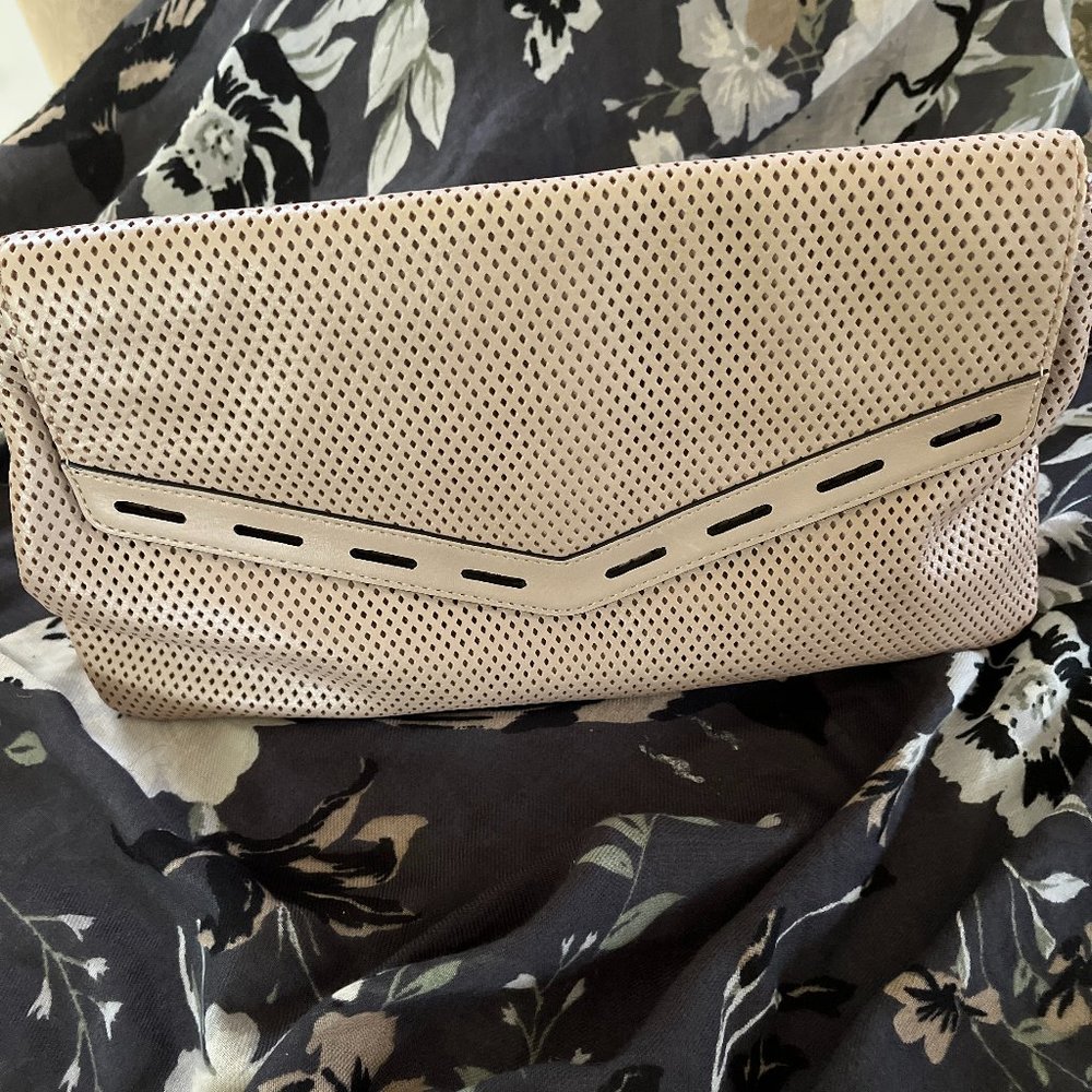 REBECCA MINKOFF PERFORATED LEATHER CLUTCH in TAN
